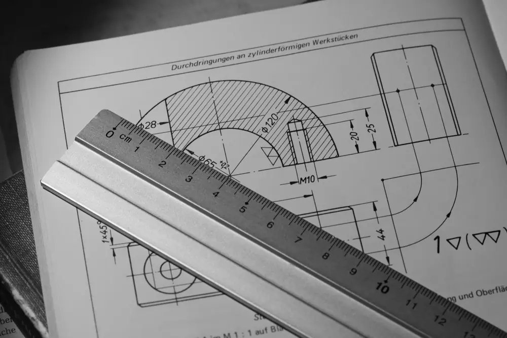 Steel ruler across a technical drawing